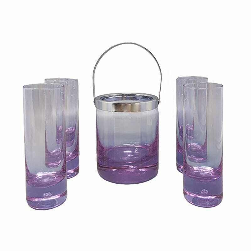 1970s Gorgeous Crystal Ice Bucket With 4 Glasses By Ivat. Made In Italy