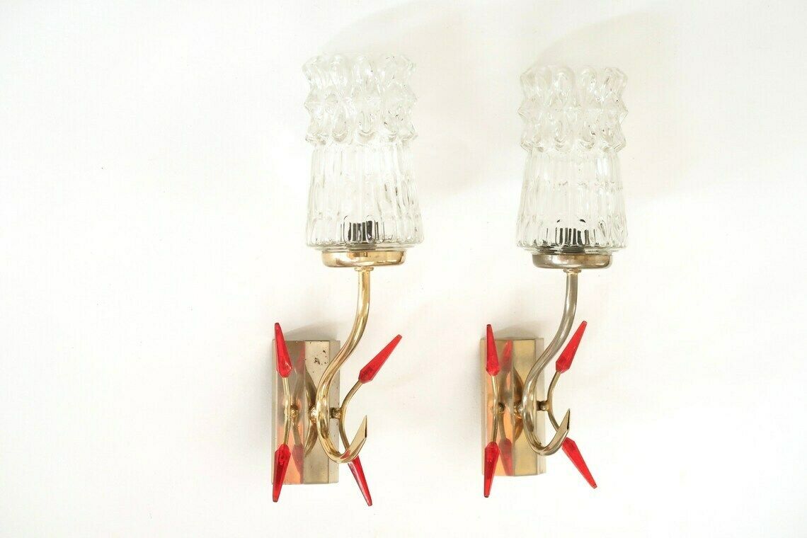 Pair Of French Modernist Sconces, Gold Metal And Glass, 1950s / Mid Century Modern Light Lamp Lighting Brass Atomic Lunel Arlus