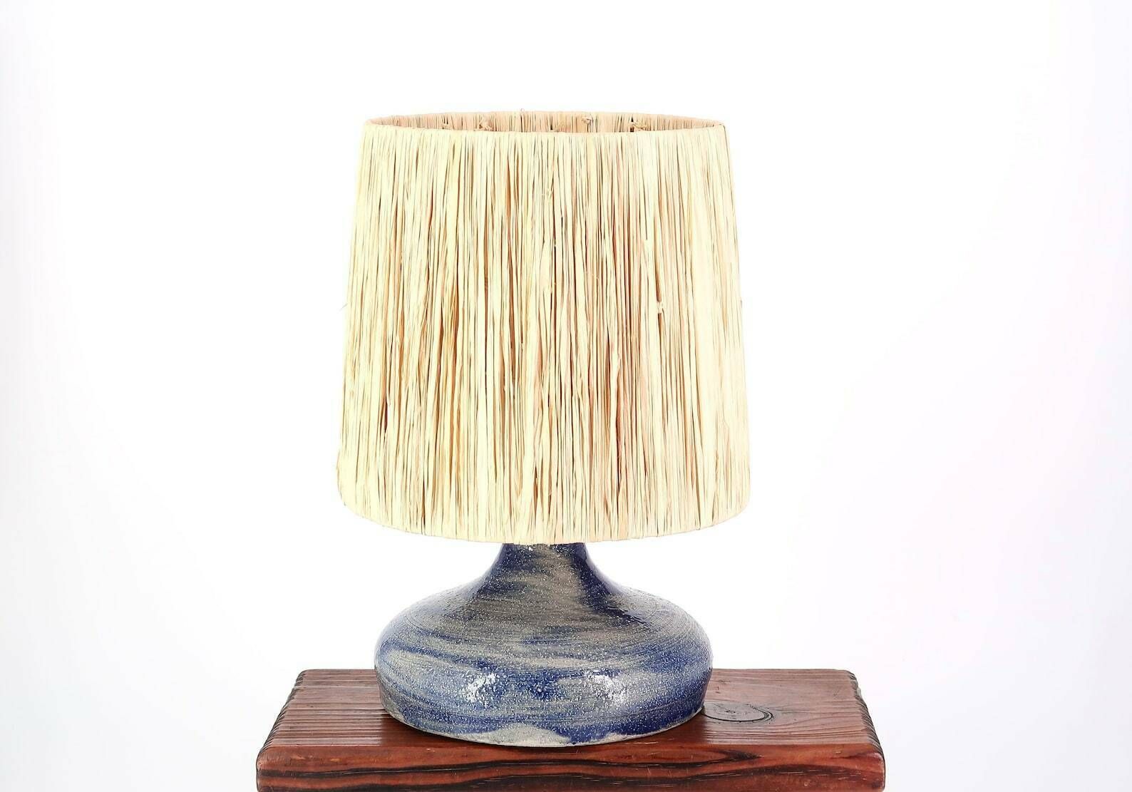 Ceramic Table Lamp, Raffia Shade, 1960s / Stoneware, Blue, Boho Chic, Folk, Country, White Beige Grey