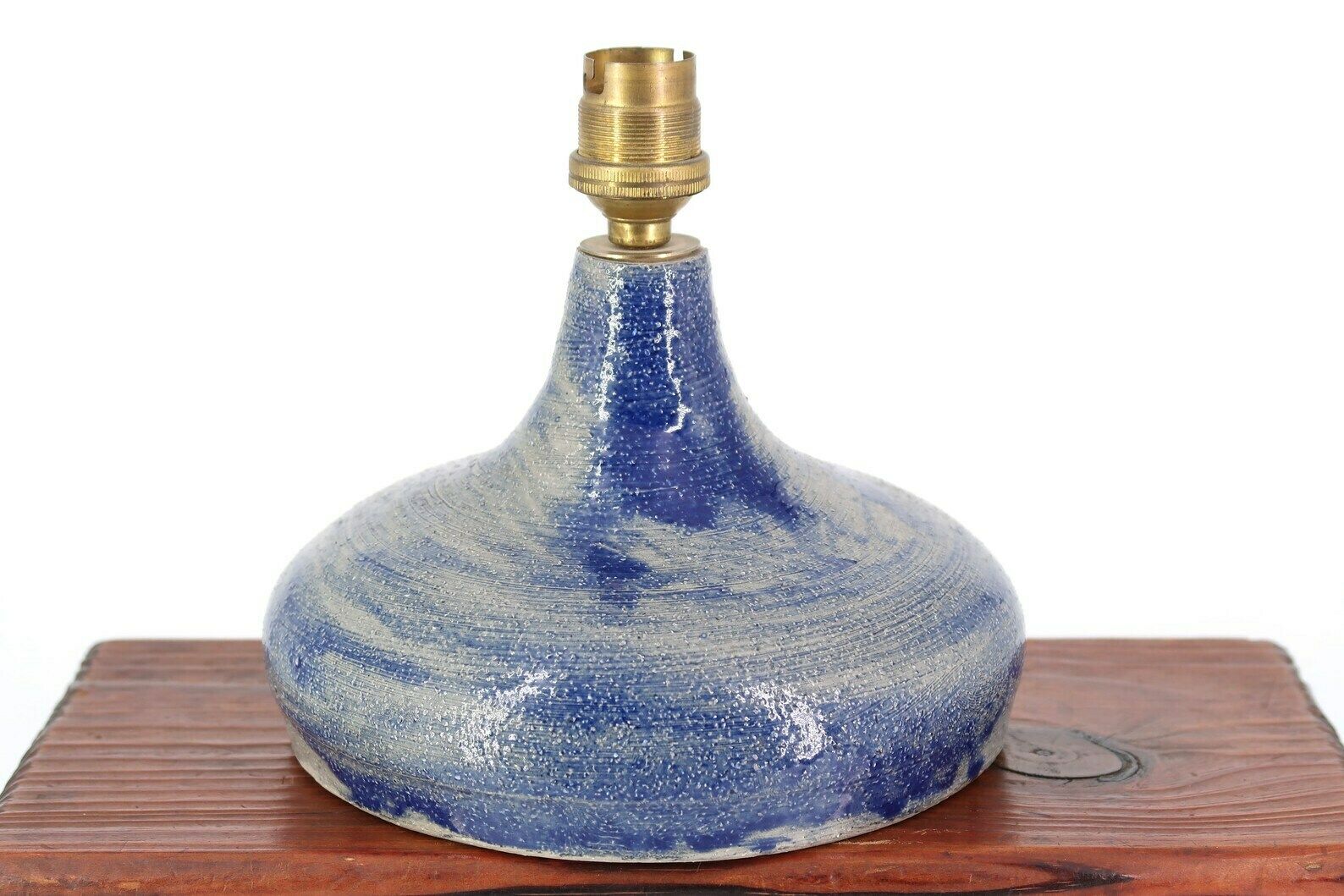 Ceramic Table Lamp, Raffia Shade, 1960s / Stoneware, Blue, Boho Chic, Folk, Country, White Beige Grey photo for sale