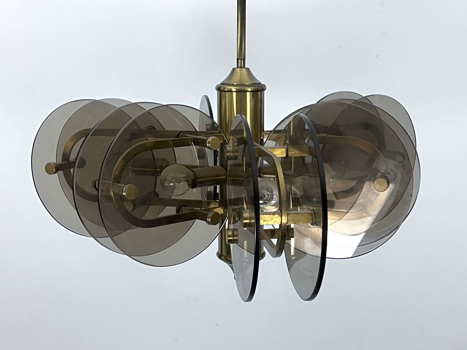 Postmodern Brass And Thick Glass Chandelier By Gino Paroldo. Italy 1970s photo furniture