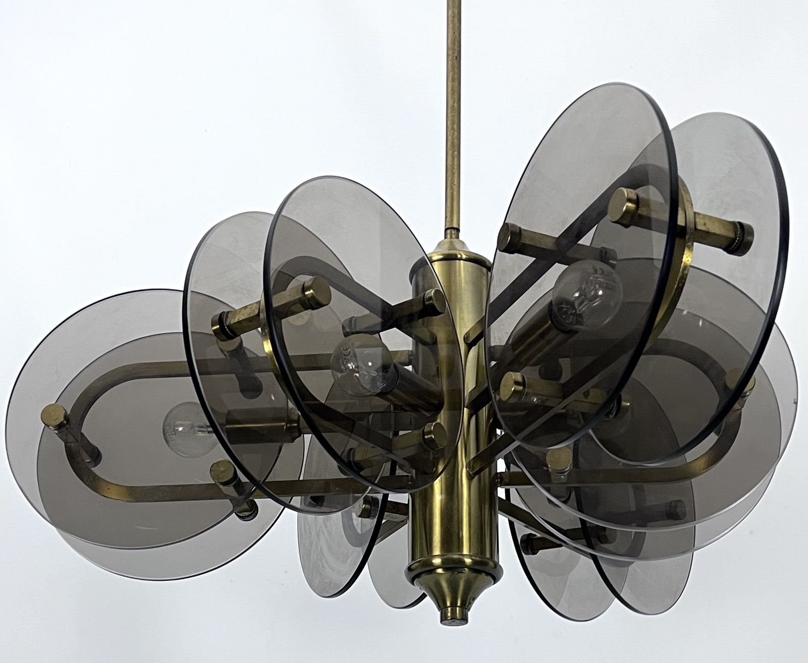 Postmodern Brass And Thick Glass Chandelier By Gino Paroldo. Italy 1970s photo Lighting