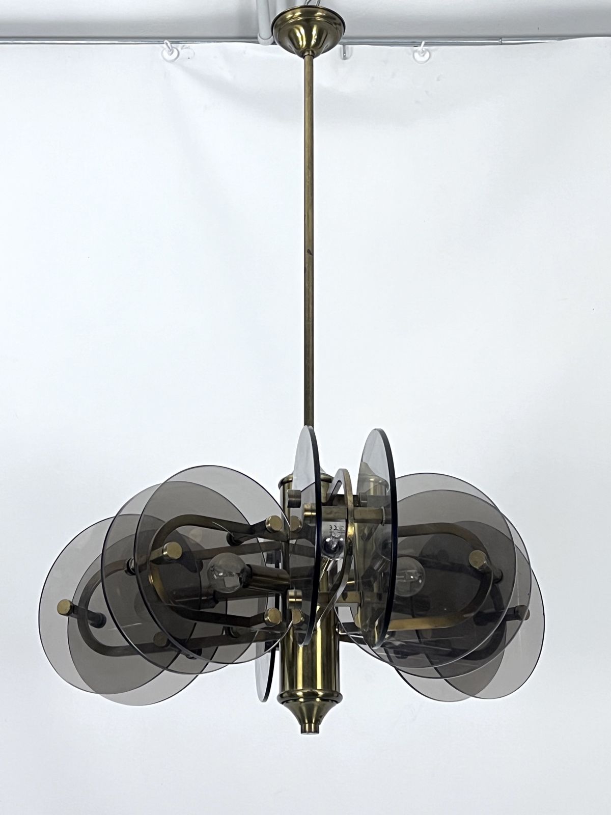 Postmodern Brass And Thick Glass Chandelier By Gino Paroldo. Italy 1970s