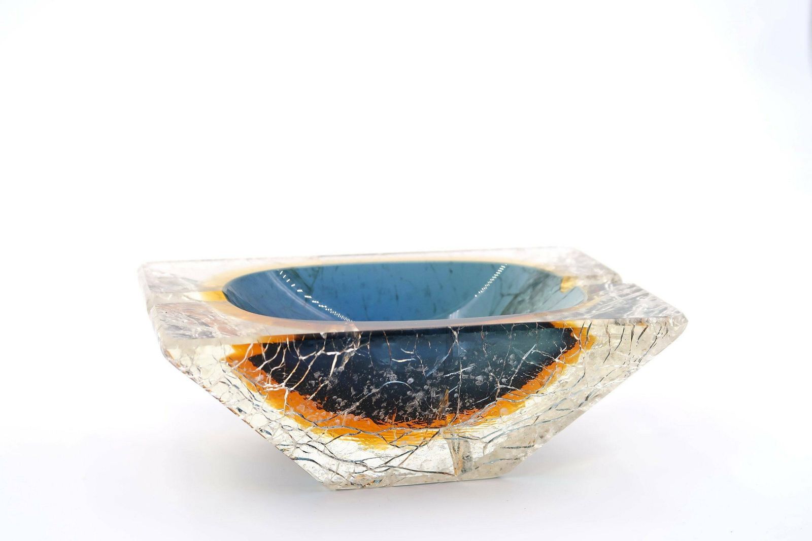 Rare Murano Cracked Glass Effects Ashtray, Mid Century Modern, 1950s / Blue, Orange