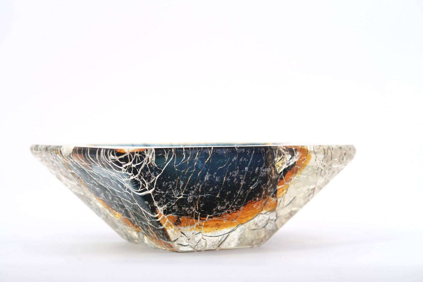 Rare Murano Cracked Glass Effects Ashtray, Mid Century Modern, 1950s / Blue, Orange photo for sale