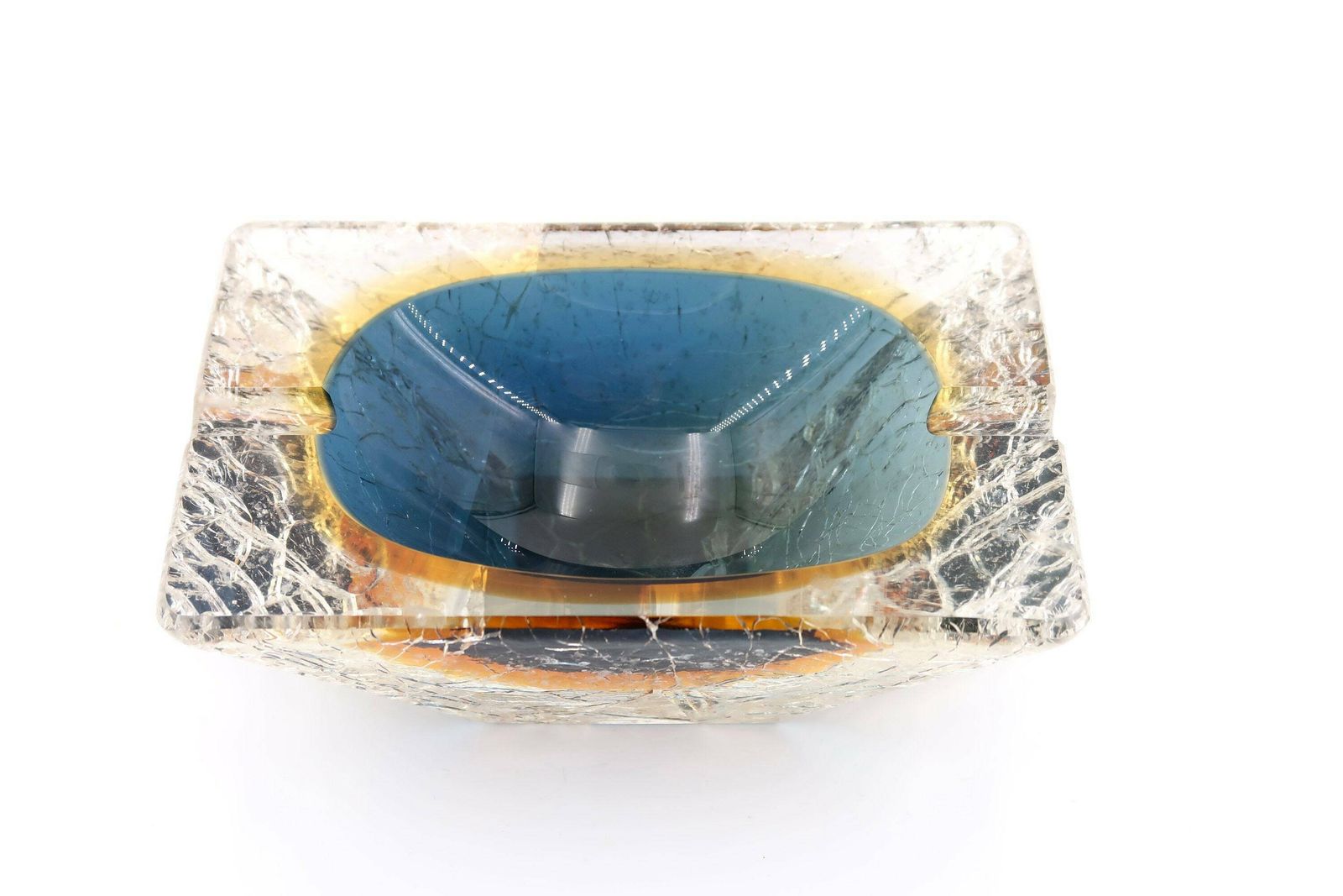 Cendrier rare en verre de Murano à effets craquelés, mid-century modern, années 1950, bleu et orange photo 632.0