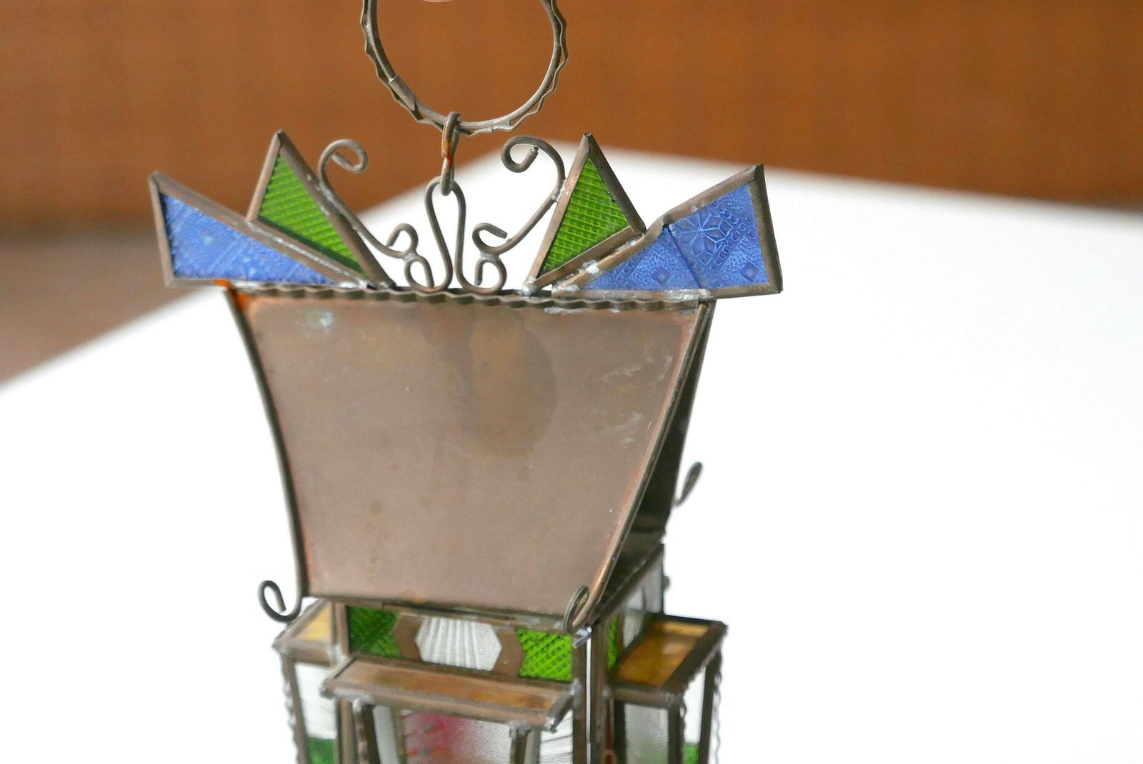 Lanterne en verre et métal, lampe à huile, années 1950, vintage, folk, boho chic, bohémien, à suspendre au mur photo buy