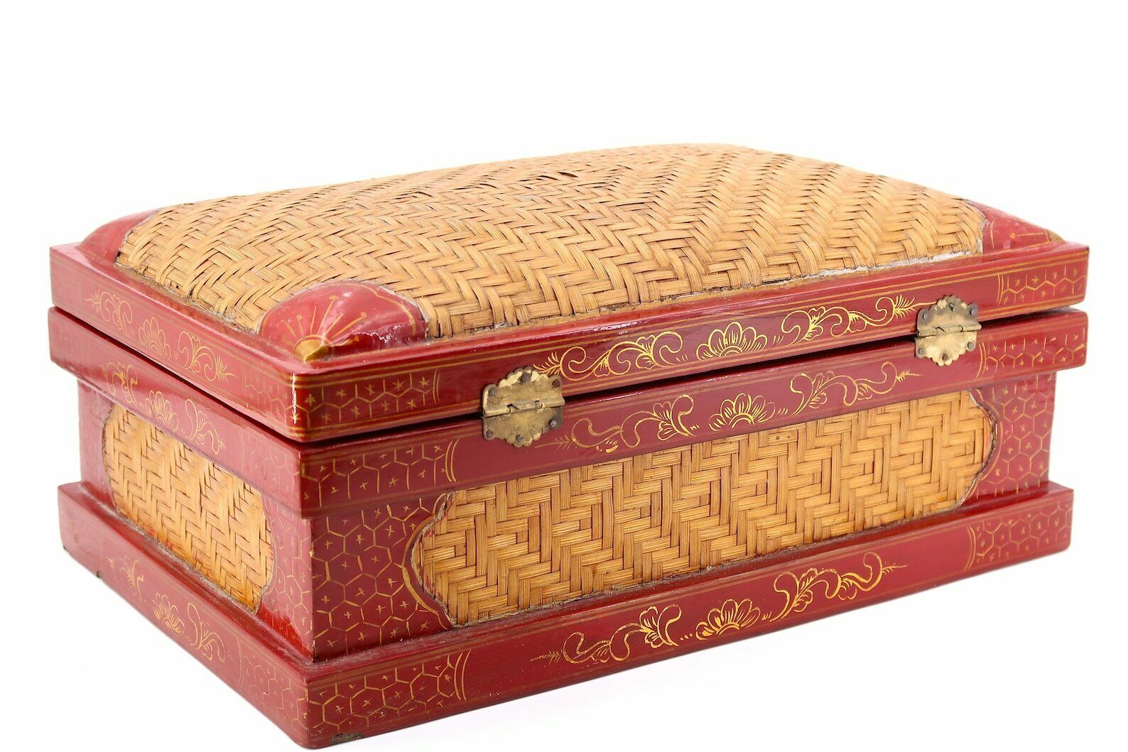 Large Asian Wicker And Lacquered Wood With Decors, 1970s / Red, Japan, Asia, China, Folk photo vinterior
