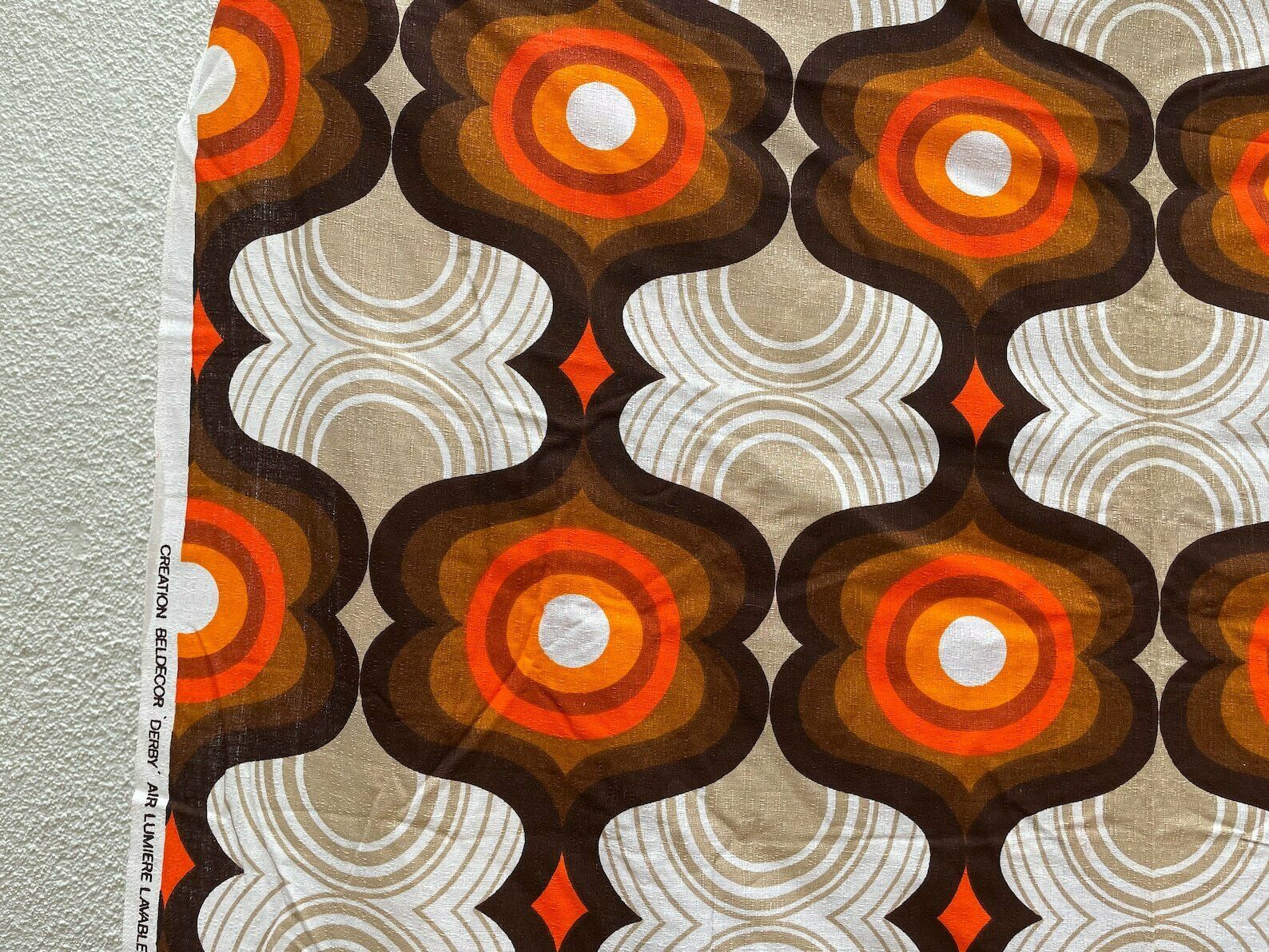 French Psychedelic And Graphic Fabric By Beldecor, 1970s Vintage / Upholstery Fabric, Seventies, Orange Brown, Drape, Cushion, Shade photo for sale