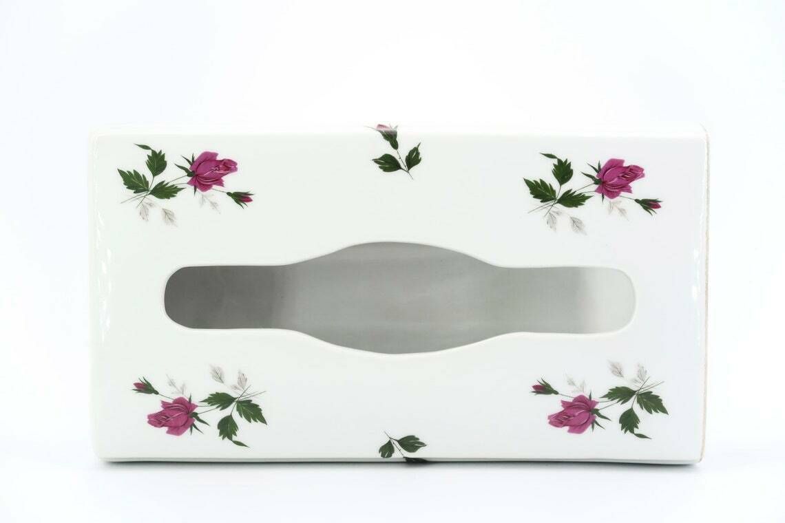 Distributeur mural de mouchoirs en porcelaine de Limoges Chapus Frères, décor floral, années 1960, Limosanit, salle de bain, blanc, rose