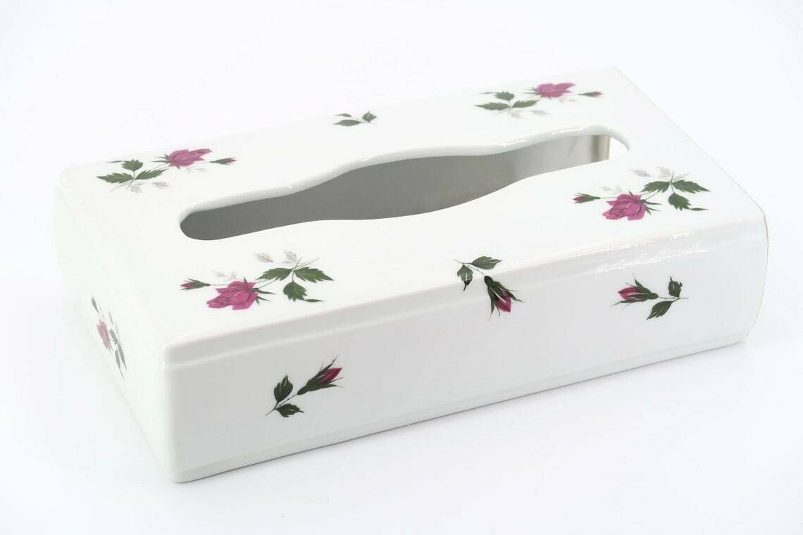 French Chapus Frères Limoges Porcelain Wall Tissues Dispenser, Floral Decor, 1960s / Box, Limosanit, Bathroom, White, Pink photo furniture