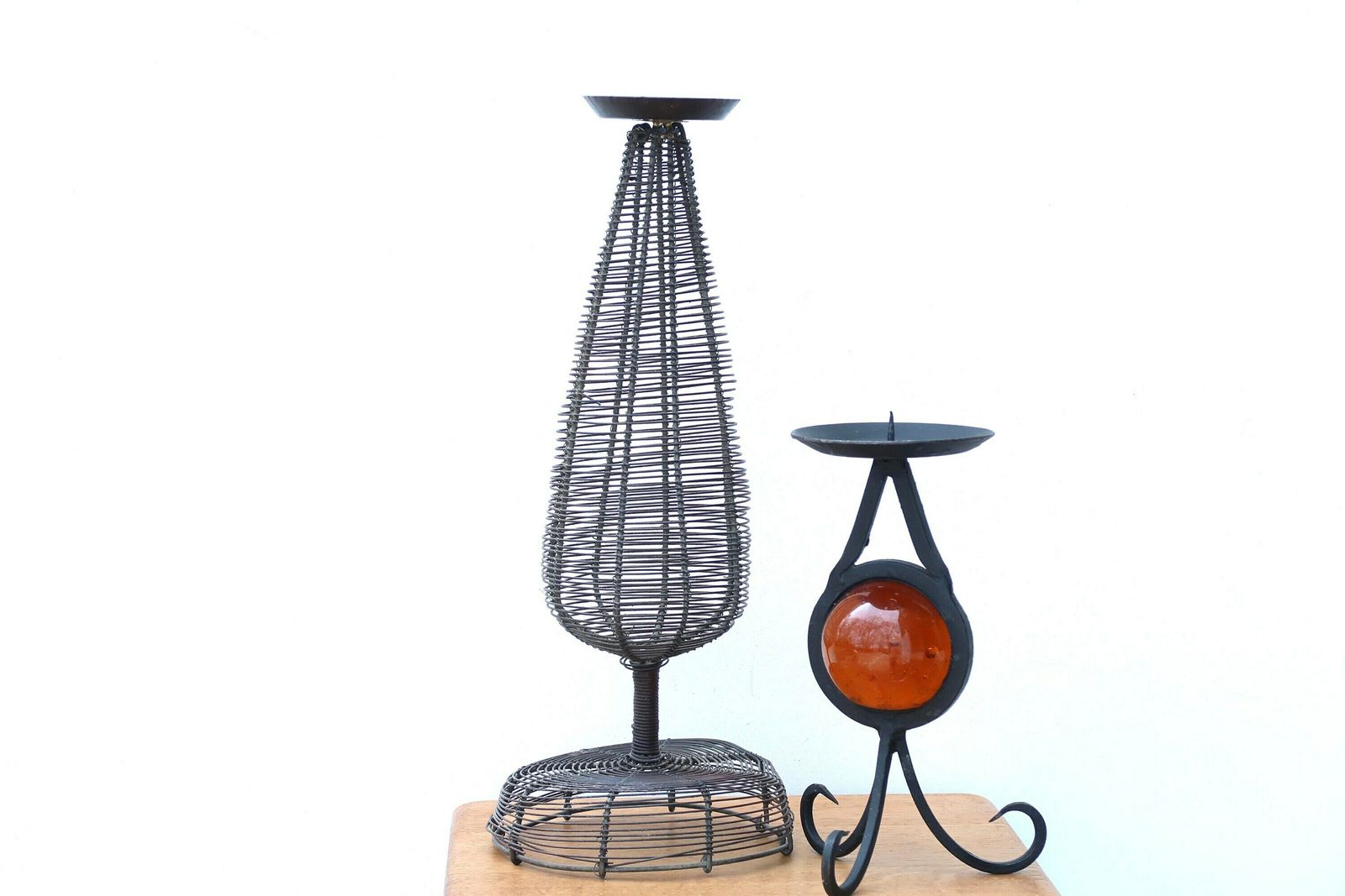 Franse Metalen Kandelaar Met Glas, Jaren 1970 / Kaarsenhouder Boho Chic Folk