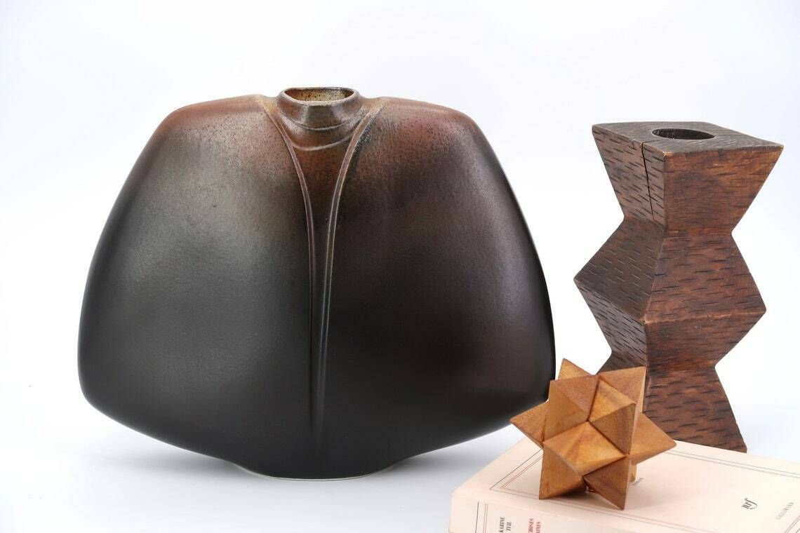 Huge French Black And Brown Porcelain Vase By Virebent, Design By Pierre Lebe, Made In France, 1970s photo vintage