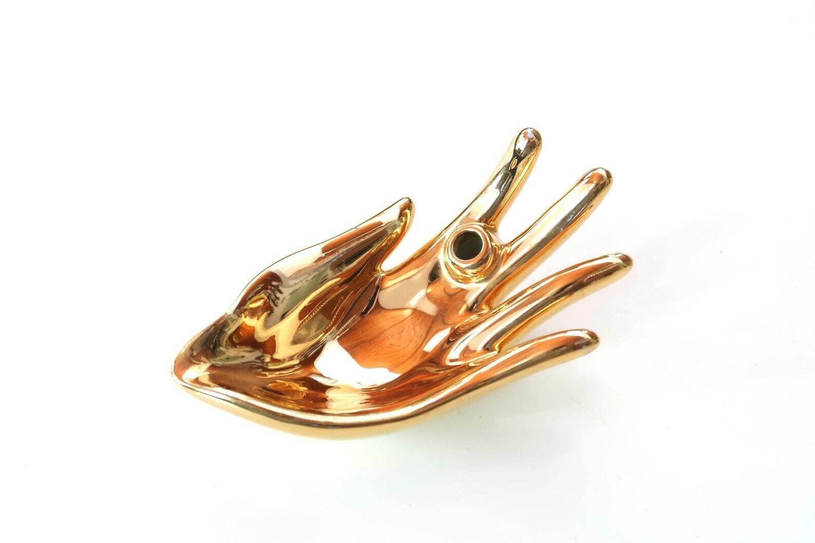French Golden Porcelain Hand Dish And Flower Holder, 1970s / Ring Dish, Boho Chic, Folk, Bohemian