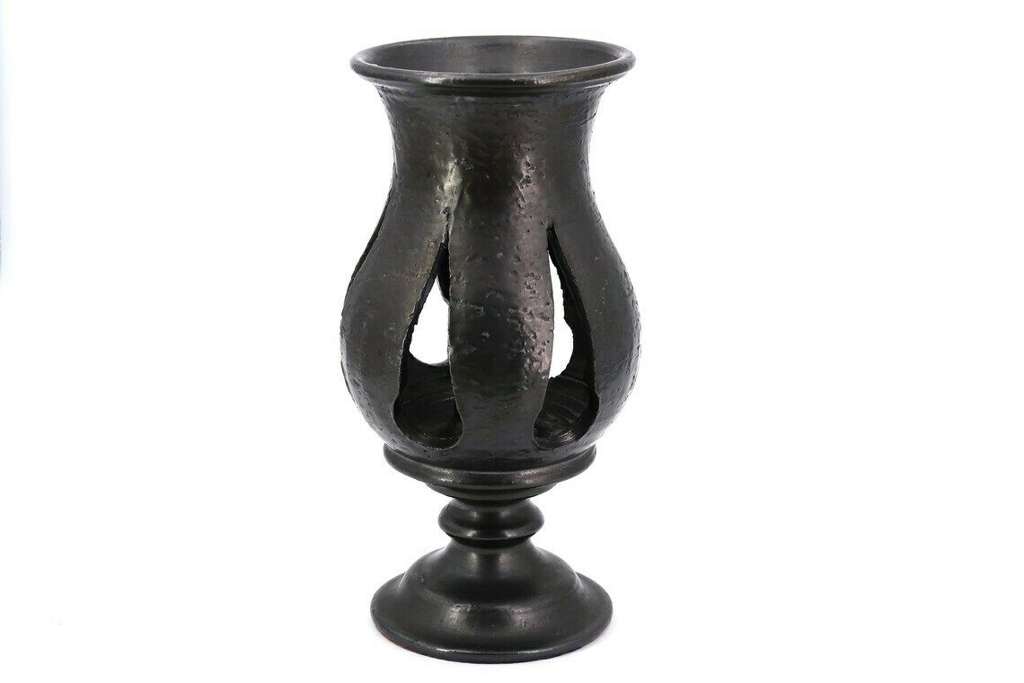 Huge French Black Ceramic Candleholder Lantern By Jean Marais, Vallauris, 1960s / Candle Holder, France, Costa Riviera photo for sale