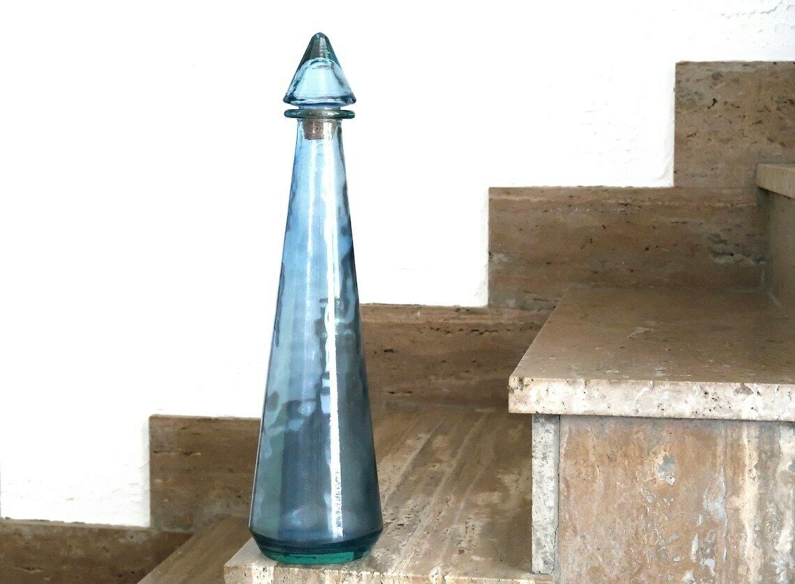 Blauwe Glazen Geniesfles, Italiaanse Karaf, Jaren 1960 / Empoli, Boho Chic, Bohemian, Folk, Made In Italy
