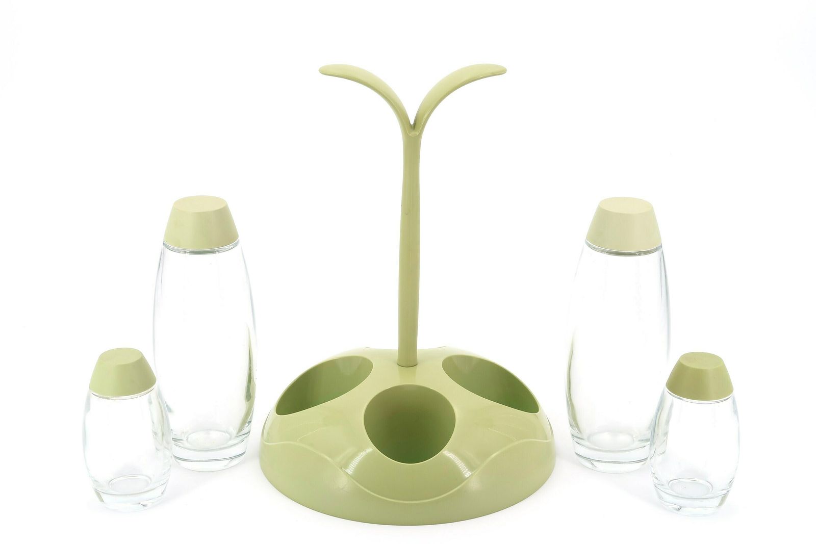 Salières et poivrières, flacons d'huile et de vinaigre Guzzini, vert pâle, ensemble à condiments, Made in Italy, années 1990 photo for sale