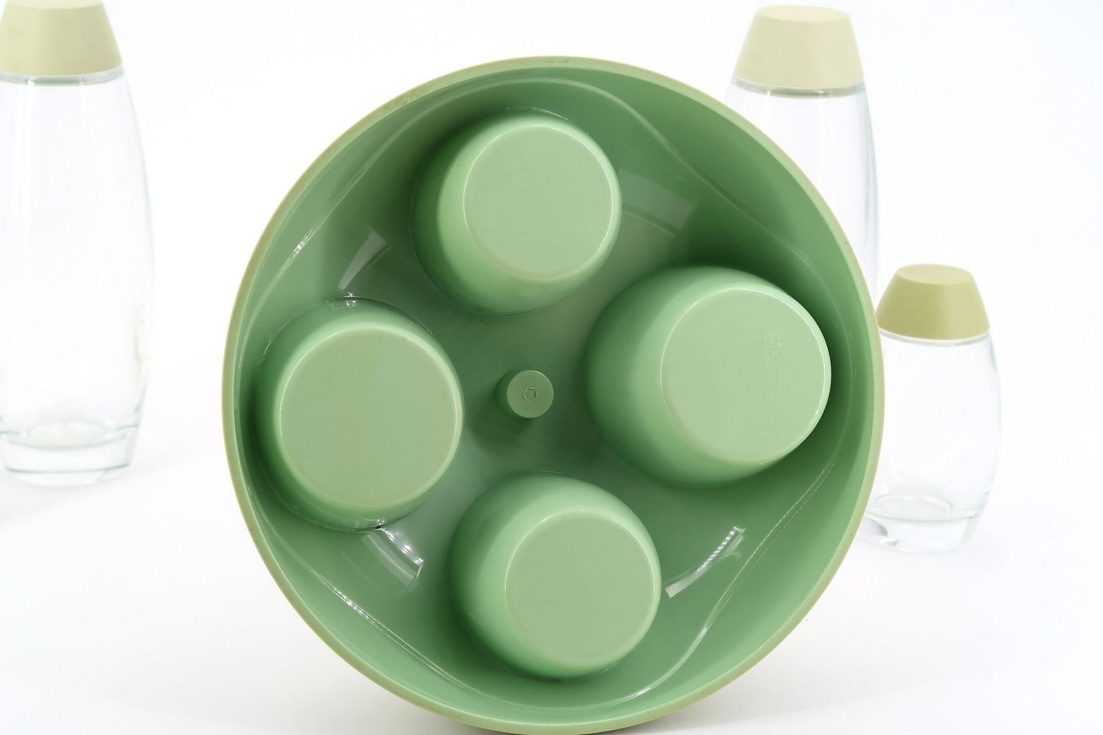 Salières et poivrières, flacons d'huile et de vinaigre Guzzini, vert pâle, ensemble à condiments, Made in Italy, années 1990 photo Décoration