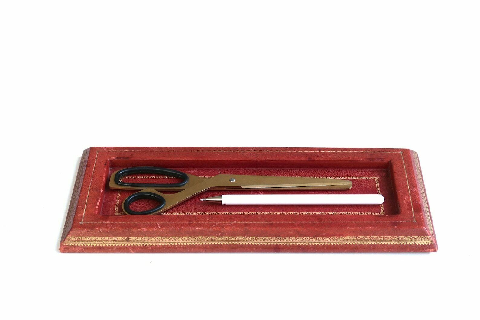 French Tray, Pen Holder, 1950s / Wood, Faux Leather, Desk Office, Ring Dish, Shabby Chic, Cottage, France