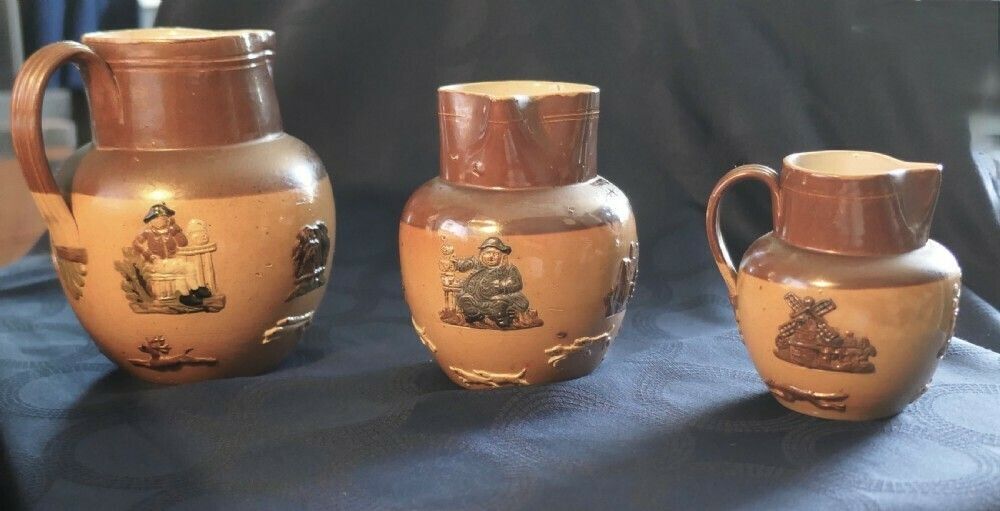 photo for sale Set Of 3 Rare Coloured Royal Doulton Stoneware Harvest Jugs