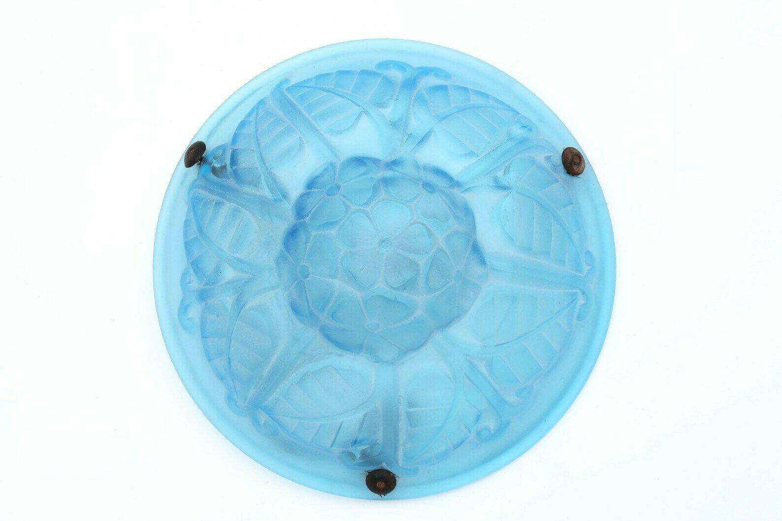 French Art Deco Blue Glass Ceiling Light By Degué France, 1930s / Pendant, Floral, Flower photo for sale