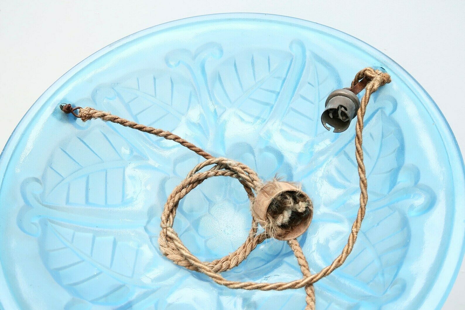 French Art Deco Blue Glass Ceiling Light By Degué France, 1930s / Pendant, Floral, Flower photo vintage