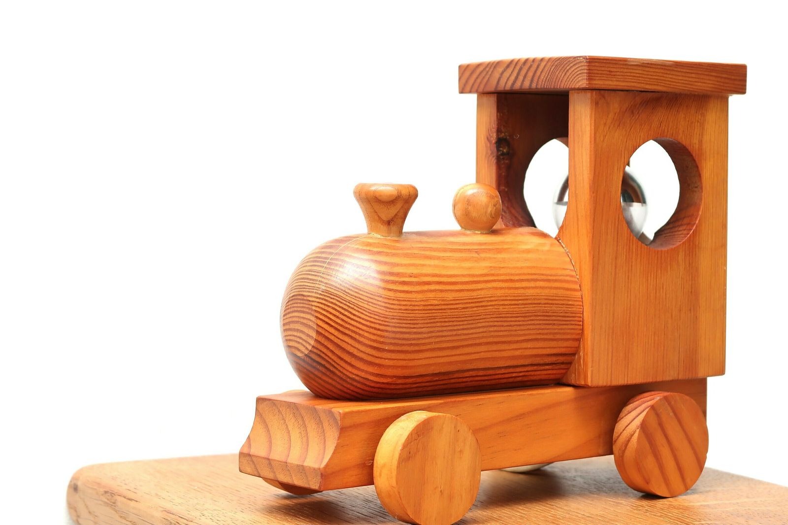 French Train Locomotive Pine Wood Table Lamp, 1970s / Kid Room, Modern, Wooden Lighting photo for sale