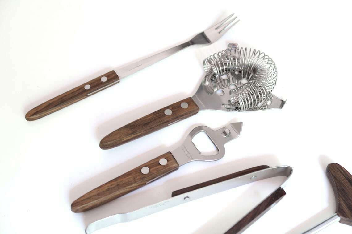 Bar Tool Kit, 7 Accessories By Cutor, Stainless Steel And Rosewood, Made In Hong Kong, 1970s / Corkscrew, Bottle Opener, photo for sale