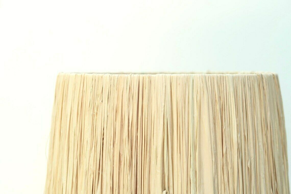 White And Blue Ceramic Table Lamp, Raffia Shade, 1980s / Boho Chic, Folk photo vintage