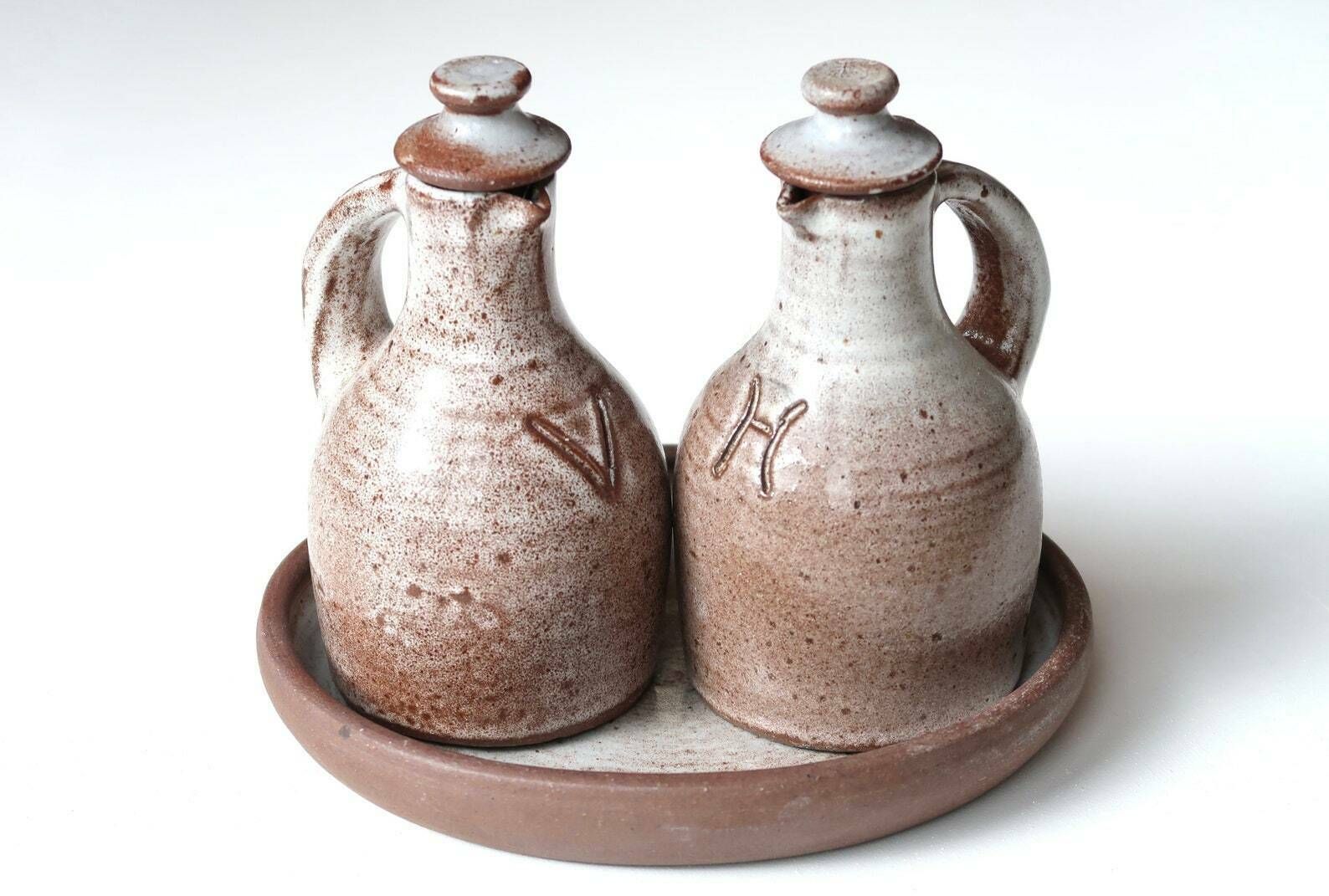 French Ceramic Pitchers " Oil & Vinegar " By Jeanne And Norbert Pierlot, Ratilly France, 1960s / Grey Stoneware, Boho Chic, Country, Rustic