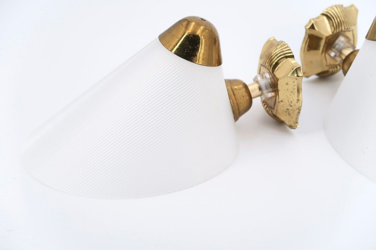 photo for sale Pair Of French Modernist Sconces, White And Brass, 1950s / Mid Century Modern Light Lamp Lighting Brass Atomic Lunel Arlus