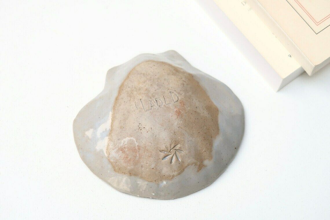 Ceramic Signed Seashell, Ring Dish, 1970s / Boho Jewelry Display Tray Bohemian Folk Bathroom Grey photo for sale
