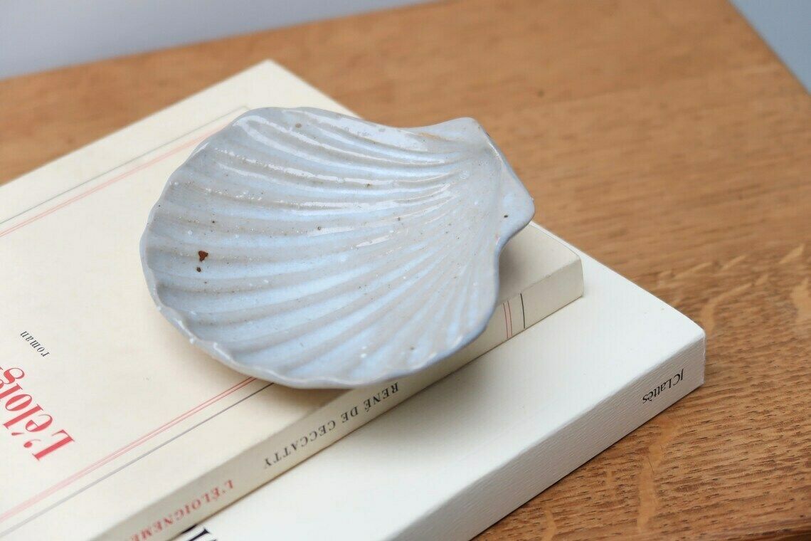 Ceramic Signed Seashell, Ring Dish, 1970s / Boho Jewelry Display Tray Bohemian Folk Bathroom Grey photo Home Decor