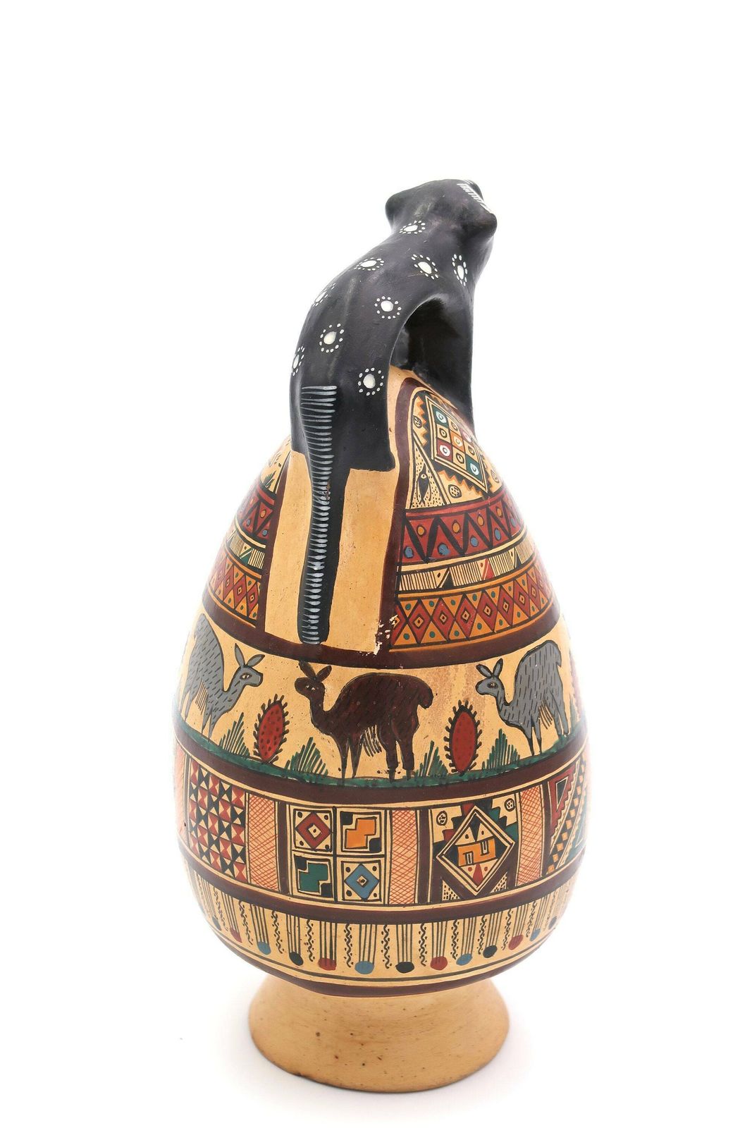 Peruvian Terracotta Jar, Pottery From Cusco, Peru, 1980s / Pitcher, Vase, Hand Painted, Felines Handles, Boho Chic, Bohemian photo for sale