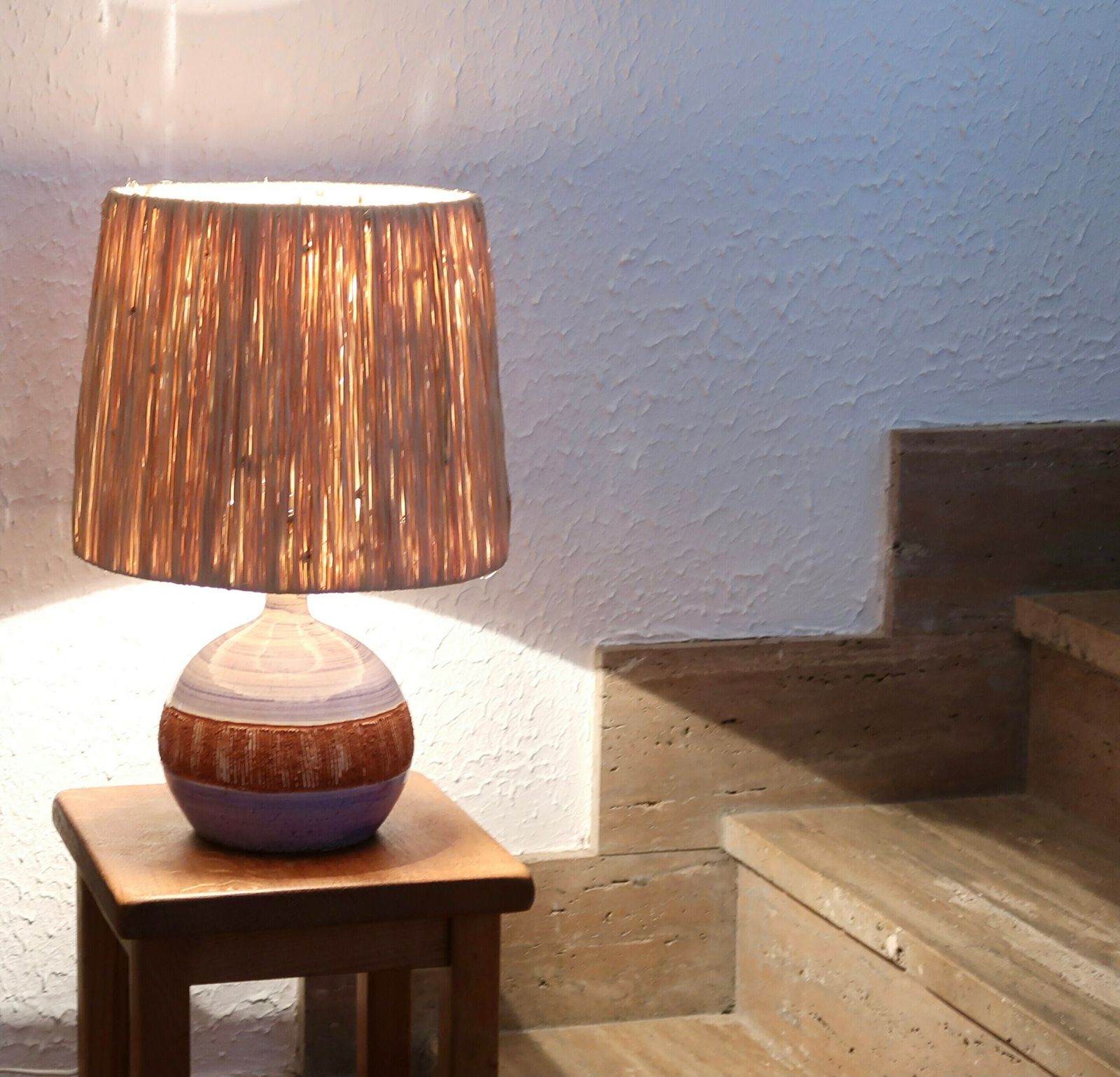 French Ceramic Table Lampe By Christian Muratore, Raffia Lampshade, Vallauris 1960s / Modernist, Mid Century Modern, Made In France, French photo buy