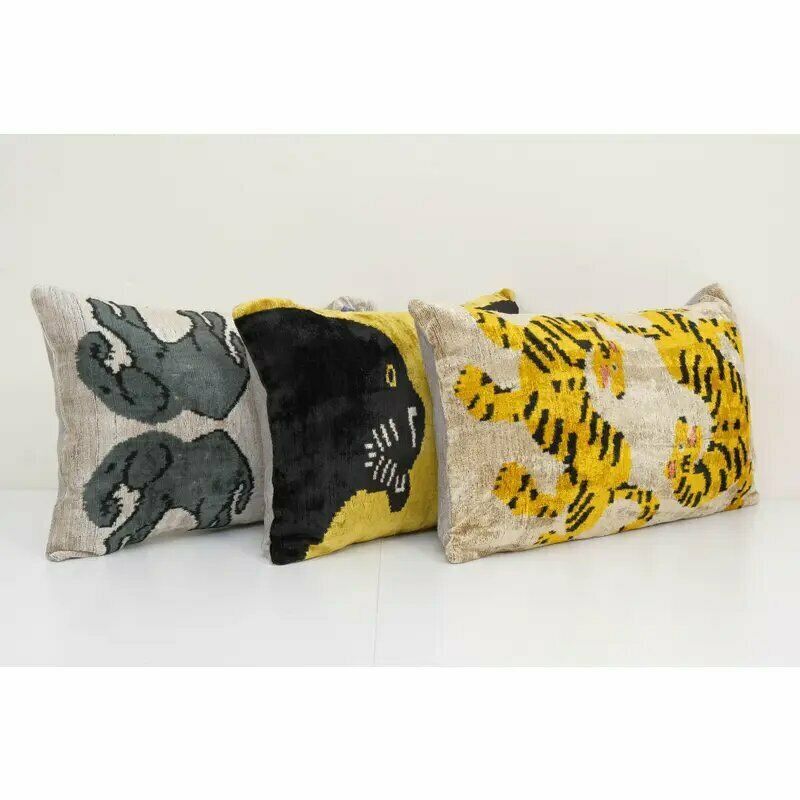 Ikat Velvet Pillow, Trible Animal Lumbar Pillows   Set Of 3 photo Textiles