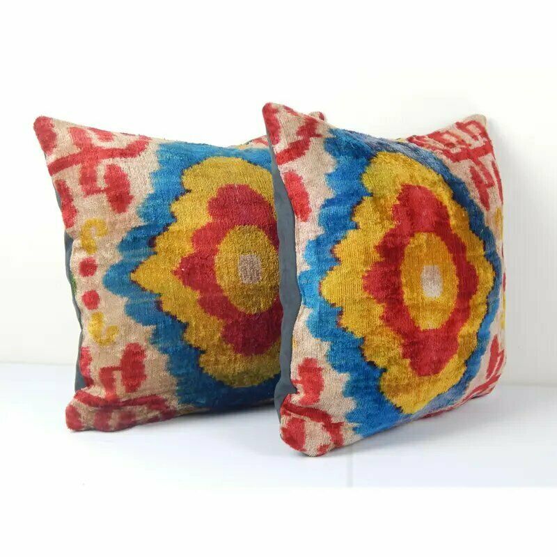 16" X 16" Ikat Pillow   Silk Velvet Pillow Cover   Set Ethnic Decorative Pillow   Pair Velvet Ikat Pillow   Boho Chic Cushion Cover photo for sale