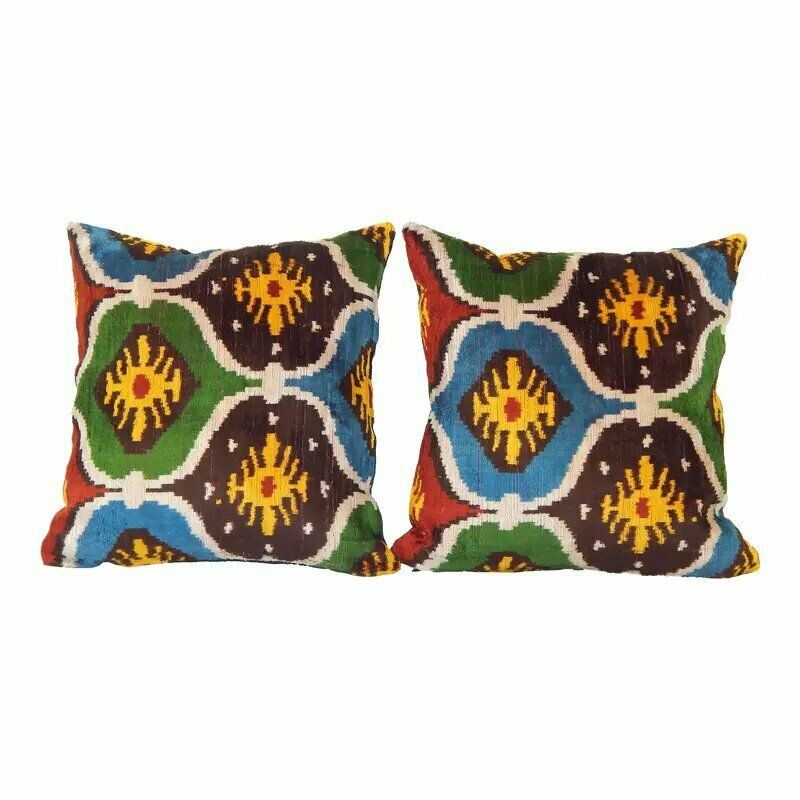 16" X 16" Decorative Pillows Covers, Set Of Two Soft Velvet Silk Pillow, Pair İkat Velvet Pillow Cover