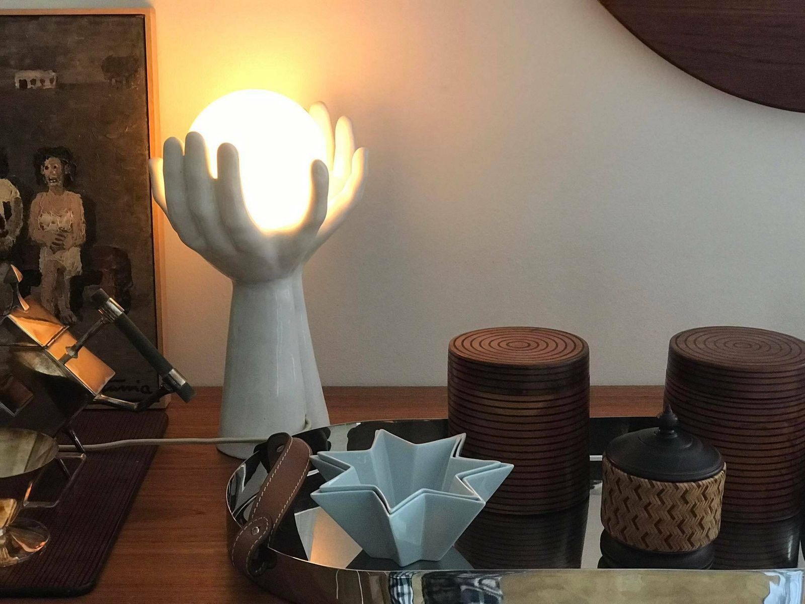 Tafellamp Vintage Handen Met Glazen Bol, Mid Century Lichtbol Jaren 70 Keramiek Met Glazen Bol Design Vintage photo vinterior