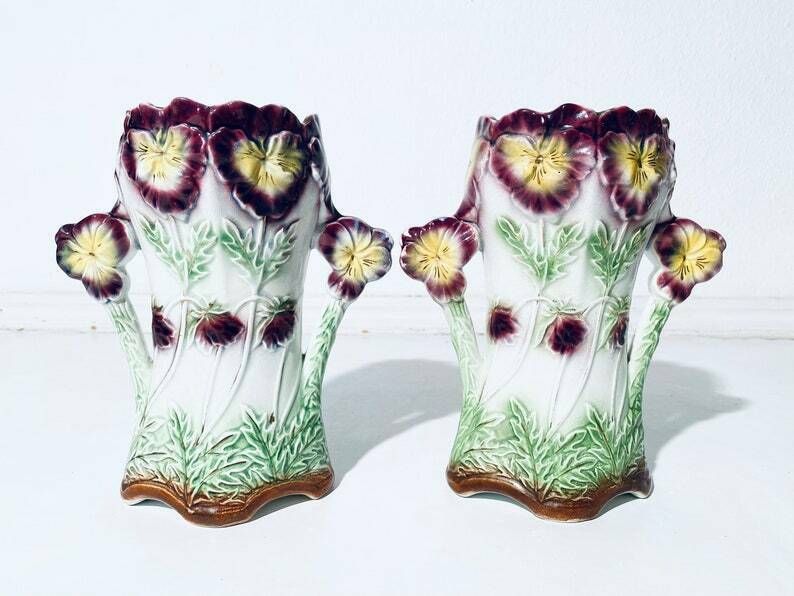 Art Nouveau Frie Onnaing Pansy Floral Motif Ceramic Planter & Vase Set photo 321.0