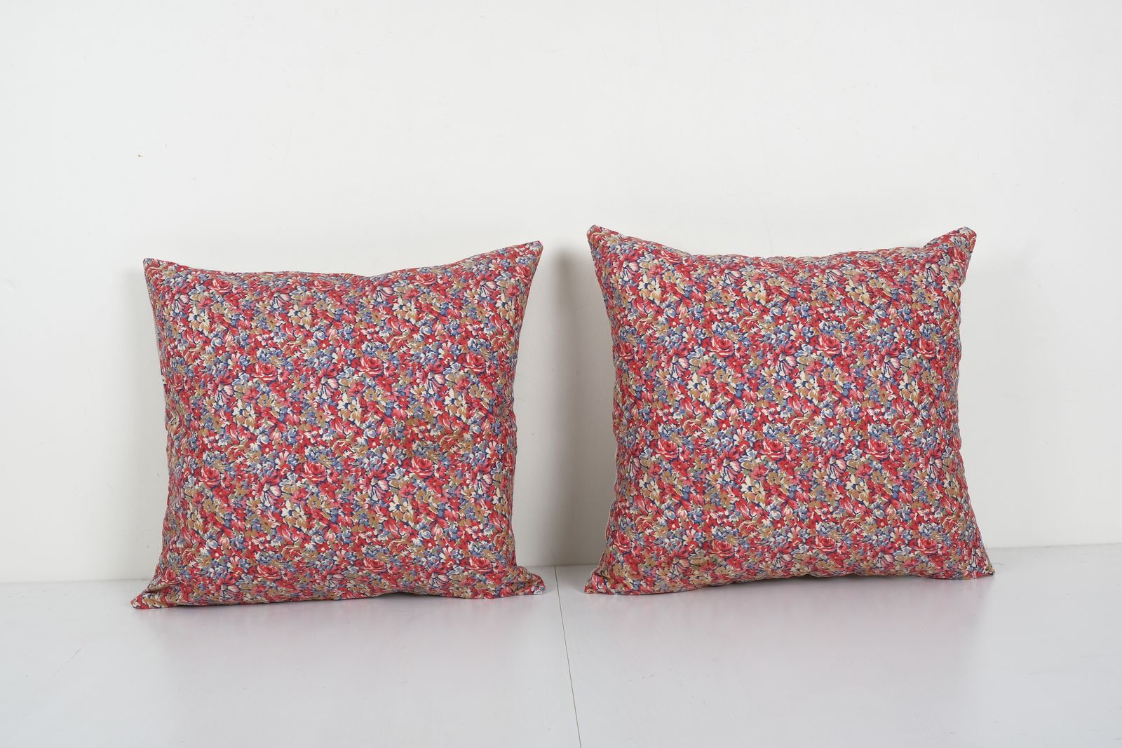 Set Of Two Uzbek Pink Roller Printed Cotton Fabric Panel, Pair Mid 20th Century Tribal Cushion Cover 18'' X 18''