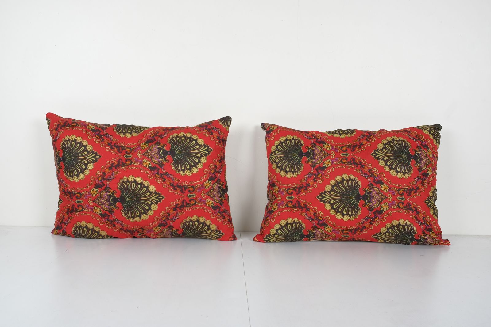 Pair Old Uzbek Trade Cloth Pillow, Set Of Two Vintage Floral Roller Print Bedding Cushion Cover On Cotton 17'' X 24''