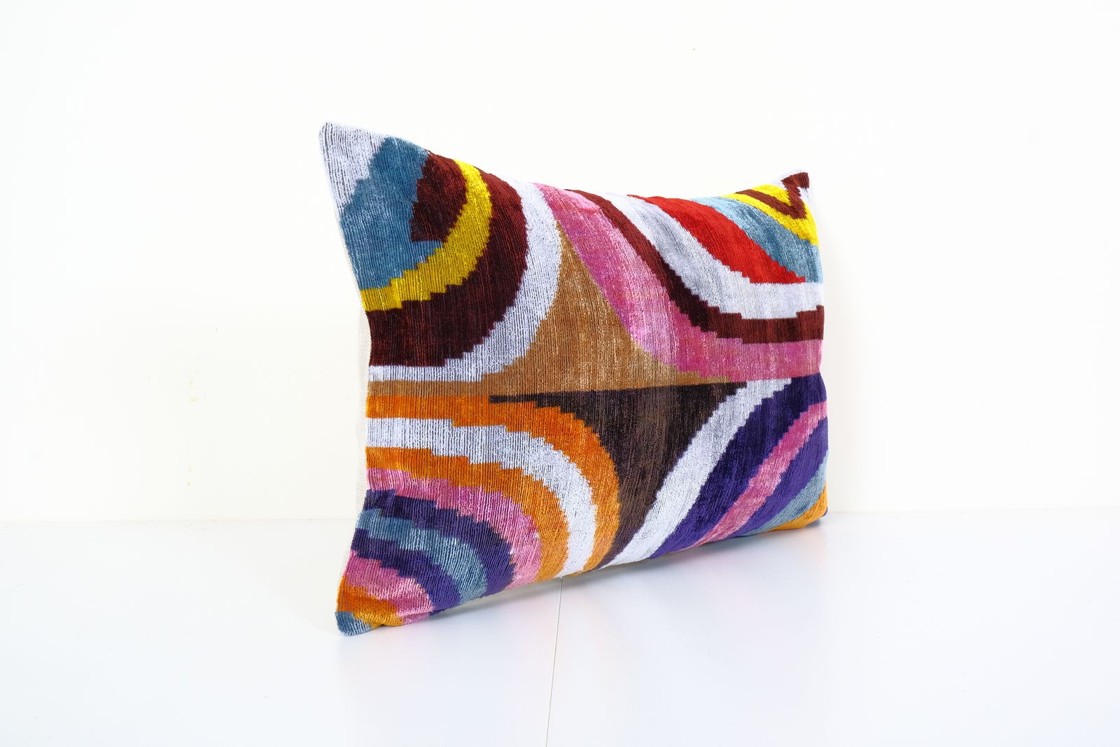 Ikat Velvet Pillow,  Silk Ikat Lumbar Cover, Colorful Ikat Lumbar Pillows,  Unusual Design Velvet Cushion, Uzbek Tribal Pillow photo 60.0