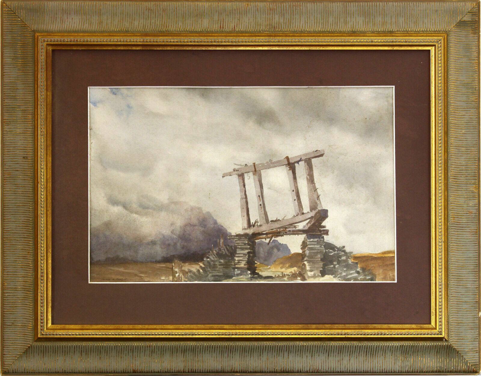 Watercolour By Francis Russell Flint. Dilapidated Bridge, Probably Continental
