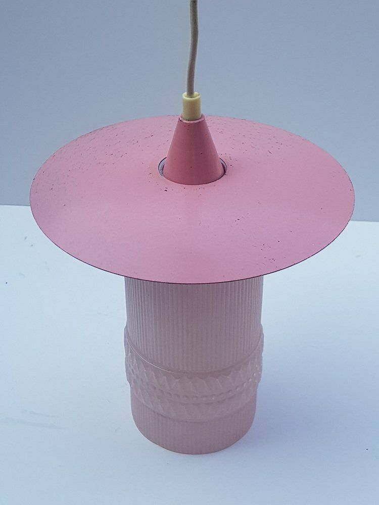 Mid Century Pink Glass Ceiling Lamp With Metal Shade