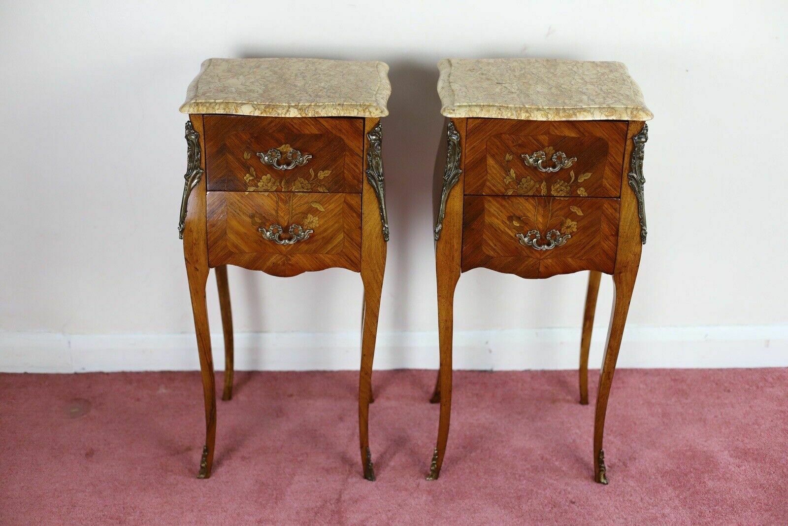 Antique Louis XV French Marquetry Marble Nightstands photo furniture