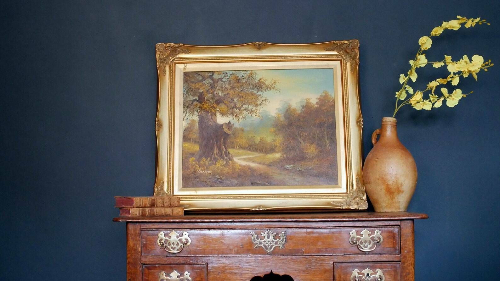 Oil On Canvas Landscape Painting Gilt Frame Vintage Rural Scene Figurative photo vintage