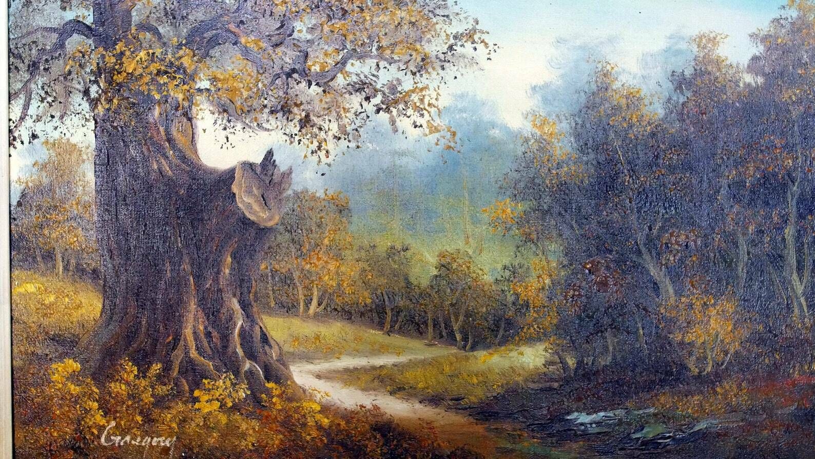 photo furniture Oil On Canvas Landscape Painting Gilt Frame Vintage Rural Scene Figurative