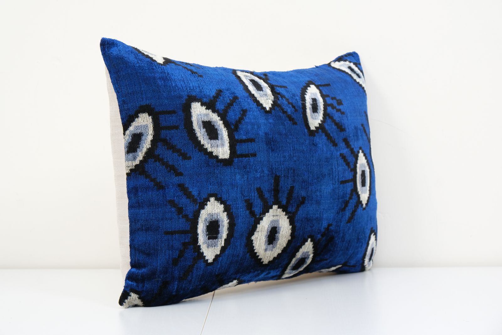 16" X 24" Ikat Eye Blue Pillow Pillow Cover   Silk Ethnic Velvet Lumbar Pillow Cover   Designer Pillow   Velvet Ikat Pillow photo furniture