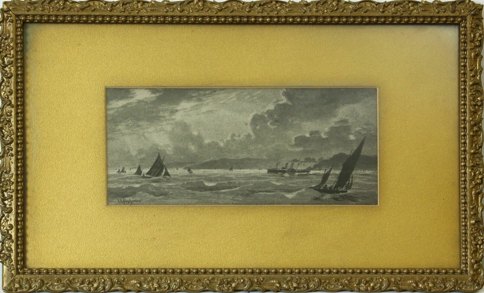 Pen And Ink By T H Stephenson. Sailing Boats And A Paddle Steamer
